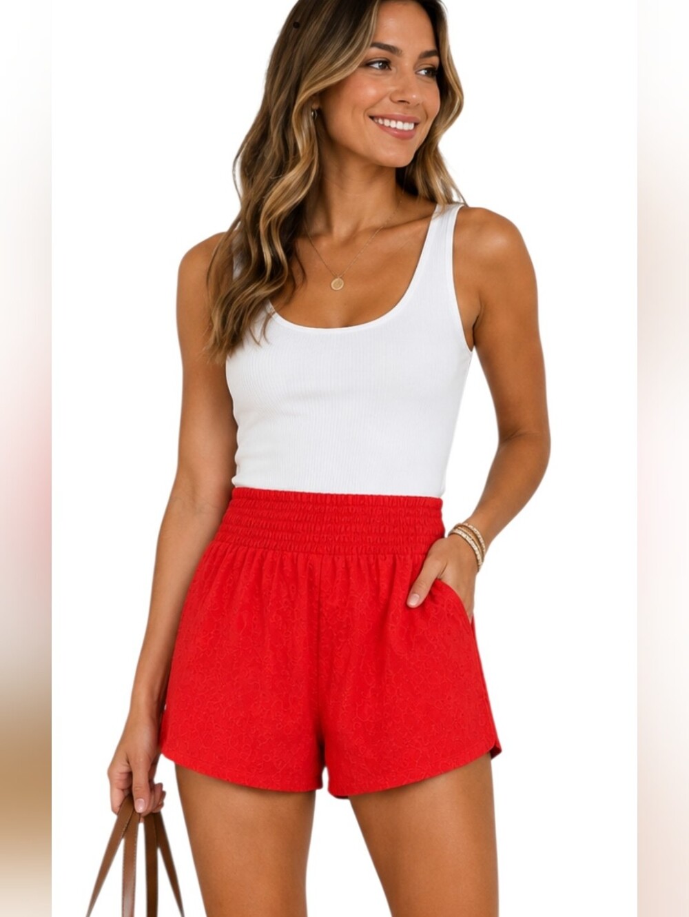 Cabana by Crown & Ivy Red Eyelet Embroidered Smocked Shorts Size M NWT